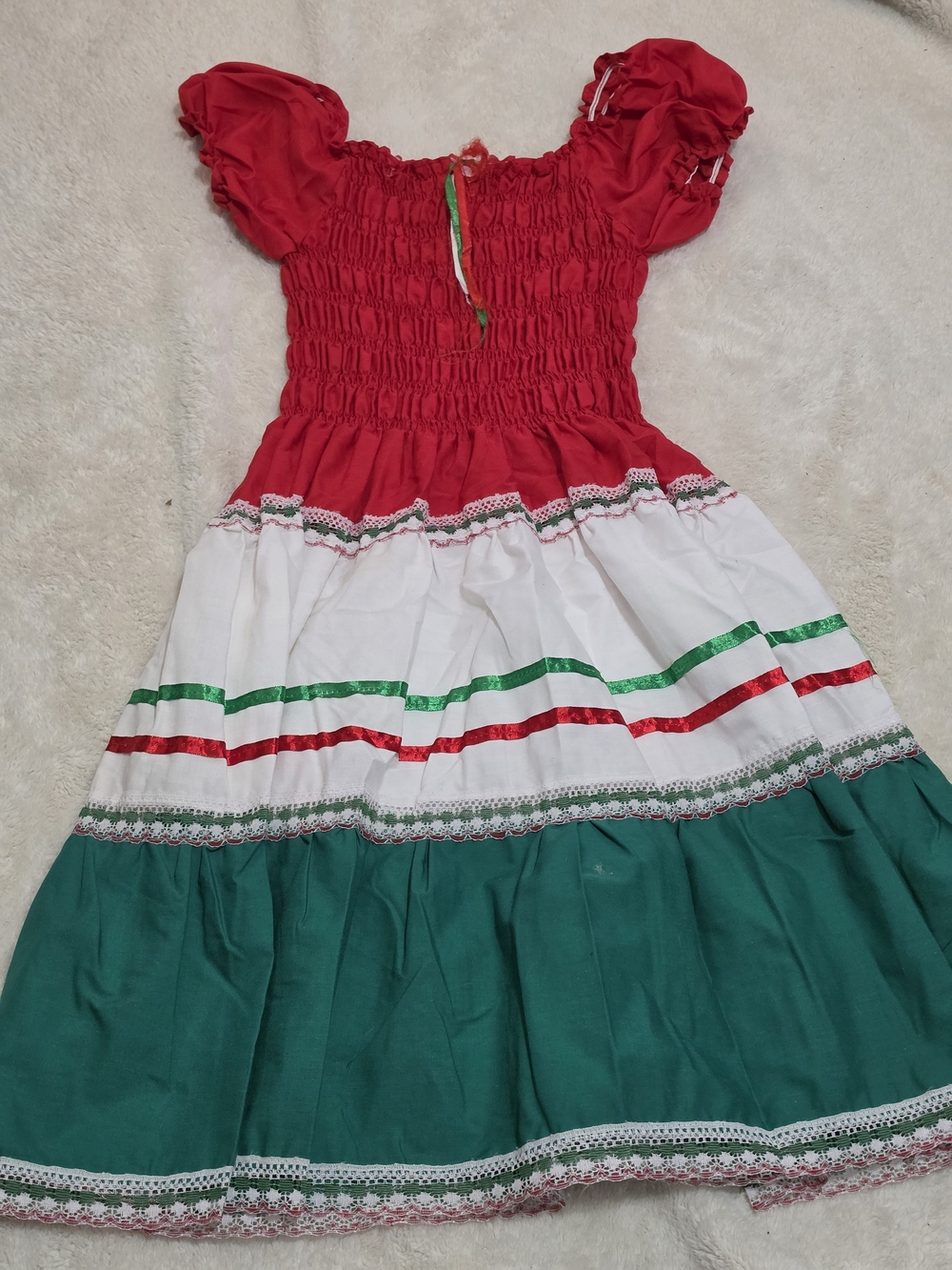 .Girls Red, White & Green Smocked Tiered Mexican Dress